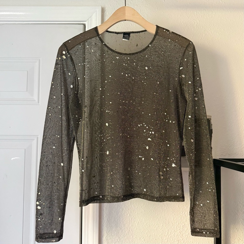 ONLY HEARTS NYC black sheer mesh nylon sparkly silver dot long sleeve top tee